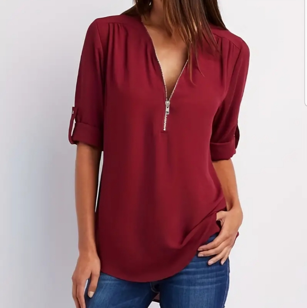 Women's Zipper V Neck Blouse